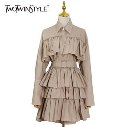 Solid Ruched Dress For Women Lapel Long Sleeve High Waist Sashes Slim Mini Dresses Female Summer Fashion Style 210520