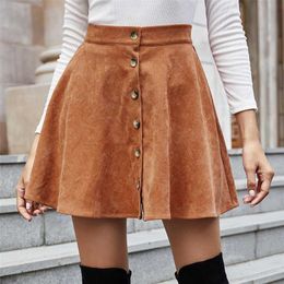 Duyit Queda / Inverno Moda Pura Cor Retro Corduroy Alto Cintura Curta Saia Única Mini Skirt 211120