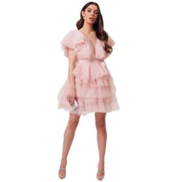 Chic Pink Evening Dresses Deep V Neck Multilayered Ruffles Custom Made Short Sleeves Mini Prom Dress Robe de mariée