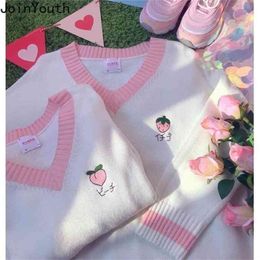 Joinyouth Fall Women Clothing Knitted Vest Sweater for Woman Embroidery Peach Strawberry Pullovers Sweet Sueter Tops 7b452 210914