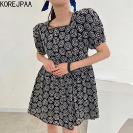 Korejpaa Women Dress Summer Korean Retro Temperament Lace Stitching Square Collar Heavy Embroidery Puff Sleeve Vestidos 210526