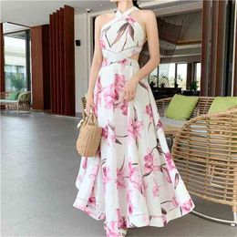 High Quality Summer Halter BOHO Dress Sleeveless Off Shoulder Maxi Long Evening Party Floral Print Beach Sundress 210603