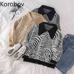 Korobov Autumn Winter Long Sleeve Leopard Sueter Mujer Korean Fashion Sweaters Preppy Style Turn-Down Collar Female Pullovers 210430