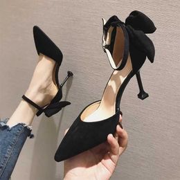Marlisasa Women Cute Black Pointed Toe Buckle Strap Stiletto Heels for Office Female Back Bow Tie Summer Party Heel Shoes H6161 X0526