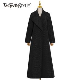 TWOTWINSTYLE Black Cotton Coat For Women Lapel Long Sleeve High Waist Casual Minimalist Jackets Female Fashion Clothing Winter 210517