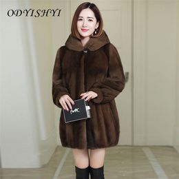 Autumn Winter Imitation Mink Velvet Overcoat Women Thick Warm Outwear Hooded Mid Length Faux Fur Coat Female Parka D369 211220