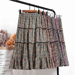 Korean Style Spring Floral Printing A-line Long Boho Skirts Elastic Waist Paragraph Patchwork Pleated 210619