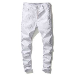 New Men's male silver snake skin printed white jeans Fashion slim fit stretch denim pants trousers G0104