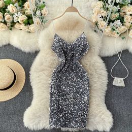 Sexy Sequin Spaghetti Strap Dress Women Elegant V-Neck Sleeveless High Waist Black/White/Silver Chain Bodycon Vestidos 2020 New Y0603