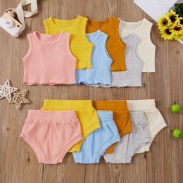 0-12M Summer Infant born Baby Girl Clothes Set Knitted Vest Top Shorts Outfits Costumes 210515