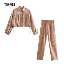Casual Two Piece Set Sexy Cropped Tops Blouses High Waist Cargo Pants Leisure Female Homewear 210421