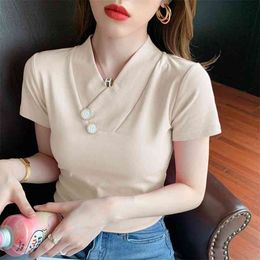 Fashion Crop Tops Women Casual Buttons Short Sleeve Cotton Pullover Tees Summer Slim Streetwear T-shirt Woman tops 210507