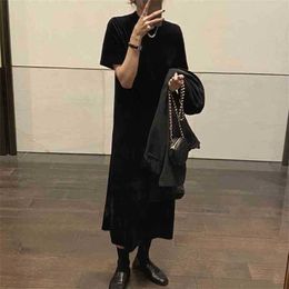 Black Basic All Match Solid Minimalist Stylish Female Women Velvet Streetwear Short Sleeves Long Dresses 210525
