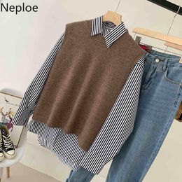 Neploe Women Sets O-Neck Knitwear Split Vest Striped Long Sleeve Blouse Tops Spring Fashion Korean Suit Two Piece Outfits 4H429 210422