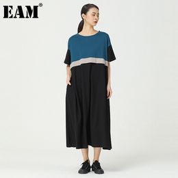 [EAM] Women Contrast Colour Big Size Patchwork Dress Round Neck Short Sleeve Loose Fit Fashion Summer 1DD6712 210512