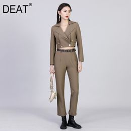 Wide Leg Pants Two Piece Suit notched Neck Long Sleeve green short Loose Fit Women Fashion Spring Autumn GX164 210421