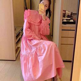 Spring Women Dress Princess Style Peter Pan Collar Long Sleeve Ruffles Lantern Sleeve Cotton Dresses Fashionable Clothes 210325