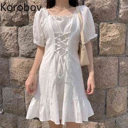 Korobov Summer New Arrival Women Dress Korean Lacing Puff Sleeve A-Line Dresses Square Collar Beach Style Vestidos 210430