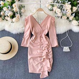 Women's Korean Fashion Pink Short Dress Spring Elegant V-neck Three quarter sleeve High Waist Ruffles Pencil 210603