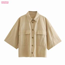 Women Fashion With Pockets Short Sleeve Lapel Poplin T-shirt Vintage Single-breasted Loose Chic Female Tops 210507