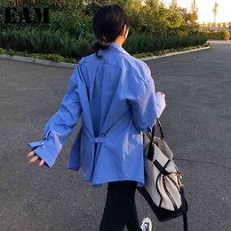 [EAM] Women Blue Big Size Back Pleated Blouse Lapel Long Sleeve Loose Fit Shirt Fashion Spring Autumn 1DD6446 21512