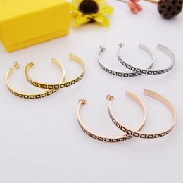 Europe America Designer Fashion Style Lady Women Gold/Silver/Rose Colour Hardware Engraved Black Enamel F Letter C-shape Hoop Stud Earrings 3 Colour