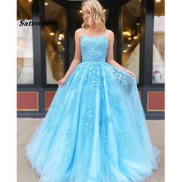 Light Blue Tulle Evening Dresses Spaghett Strap Lace Applique Corset Elegant Long Graduation Gowns 2023 Plus Size Evening Dress