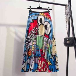Spring -Coming Europen Cartoon Pattern High Elasticity Pleated skirt Street Style A-line Mid-Calf Christmas 210607
