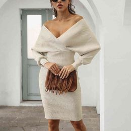 Winter Knitted 2 piece set women Deep v neck bat sleeve Sweaters open back two piece Pullover hip wool dress two piece sets 210514