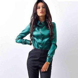 Blusa Women Blouse Elegant Wine red Green Satin Shirt Turn Down Collar Longth Sleeve Female Formal Office OL Blouse Women Tops 210518