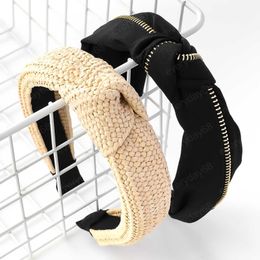 Fashion Rattan Woven Fabric Headband for Women Wide-sided Knotted Head Hair Accessories
