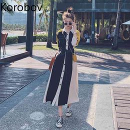 Korobov New Arrival Women Long Dress Korean Office Lady Sweet Feamle Dresses Vintage Elegant Hit Color Patchwork Vestidos 210430