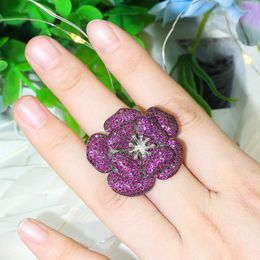 3D Big Pink Red Cubic Zircon Flower Adjustable Finger Ring for Women Engagement Wedding Party Bridal Jewelry R173 210714