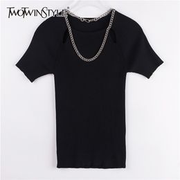 TWOWINSYLE Black Patchwork Chain Shirt For Women O Neck Short Sleeve Hollow Out Slim Shirts Female Fashion Summer ide 210524