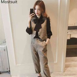 Spring Office Fashion 3 Piece Sets Women Black Bow Shirt + Vest Pants Suits Korean Ol Style Workwear Female 3 Pcs 210513