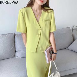 Korejpaa Women Sets Summer Korean Chic Elegant Temperament V-neck Two Button Loose Thin Suit Jacket High Waist Split Skirt 210526