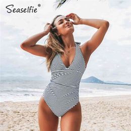 SEASELFIE Blue Stripe Halter Swimsuit Sexy Open Back Swimwear Women Monokini Bodysuit Bathing Suit Beachwear 210702