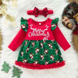 Xmas Newborn Baby Girl Dress Xmas Winter Long Sleeve Letter Print Princess Dress Ruffle Christmas Costume Children's Clothing G1026