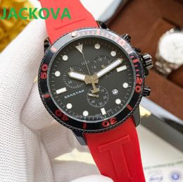 Mens Red Rubber Silicone Strap Watches 42mm Automatic No-Mechanical Quartz Watch Full Functional WristWatch Montre De Luxe Gifts