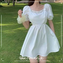 Summer Short Sleeve White Elegant Dress Women Square Collar Mini Dress Evening Party Dress for Females Korean Style Chic 210521