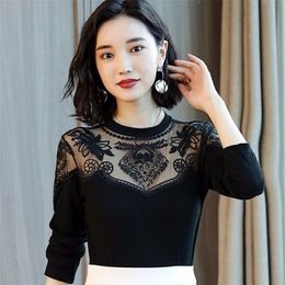 spring hollow out sexy Blouse shirts new arrival women long sleeve shirt sexy slim lace hollow out female solid Colour top DF3072 210323