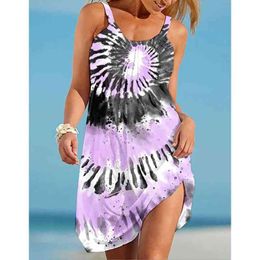 Summer Women Sexy Beach Dresses 3D Dark Gradient Sleeveless Halter Bohemian Vintage Beachwear Girl Oversized Fashion Party Dress Y1204