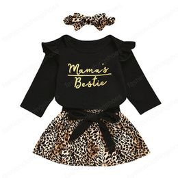 kids Clothing Sets girls outfits Infant Letter ruffle Flying sleeve Romper Tops+Leopard print skirts+Headband 3pcs/set summer fashion Boutique baby Clothes