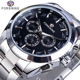Forsining Black Men's Mechanical Watch 3 Dial Calendar Automatic Self-Wind Clock Business Sport Stainless Steel Belts Wristwatch 210329