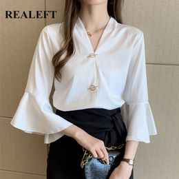 Spring Work Wear Chic Women's Shirt Female Blouse Tops Fashionable Ruffle Sleeve Korean OL Style Casual Blouses 210428