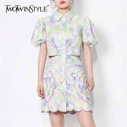 Vintage Print Hollow Out Dress For Women Lapel Puff Short Sleeve High Waist Mini Dresses Female Summer Fashion 210520