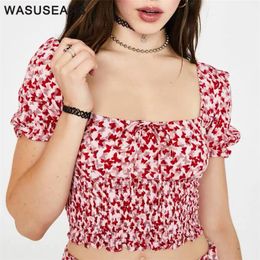 tie front floral crop top UK - Women's Blouses & Shirts Women Tops 2021 Summer Fashion Floral Blouse Casual Sexy Short Sleeve Tie Front Puff Crop Top Ruched