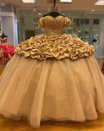Gold Quinceanera Dresses Cinderalla Off Shoulder 2022 Lace Applique Beaded Sweet 16 Prom Dress Ruffles Skirt vestidos de 15 años