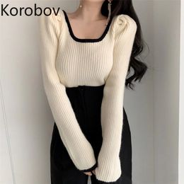 Korobov Korean Chic Vintage Square Collar Sweaters Vintage Long Sleeve Knit Slim Sueter Mujer Office Lady Hit Colour Pullover 210430