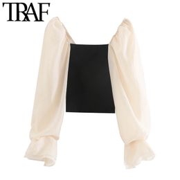 Women Fashion Patchwork Organza Cropped Knitted Blouses Vintage See Through Sleeve Stretch Female Shirts Chic Tops 210507